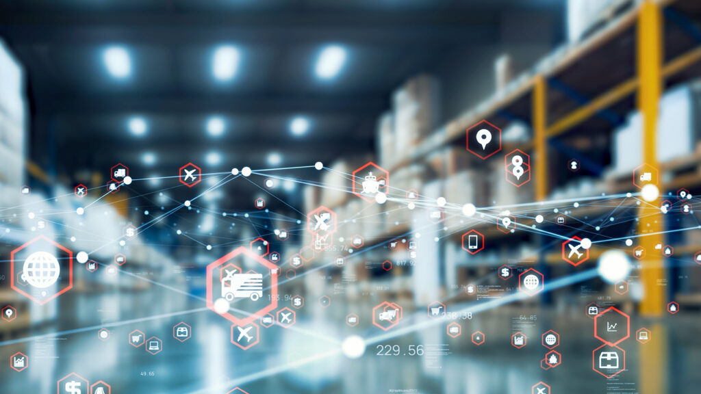 Warehouse interior overlaid with location pin icons and network connection lines representing a searchable warehouse network